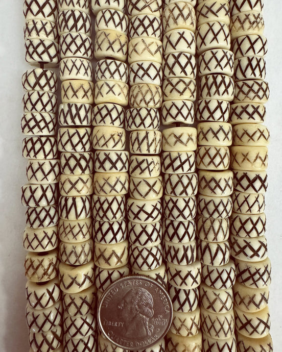 Buffalo Bone, carved crossing lines design, 12x7mm heishi rondelle mixed size, 15