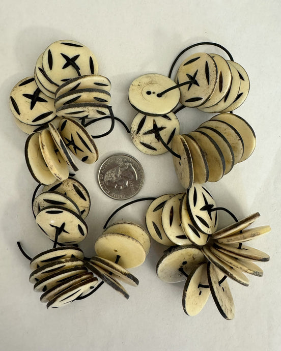 Buffalo Bone, carved x lines, 25x25x3mm 2 hole button mixed size, 12 piece loop