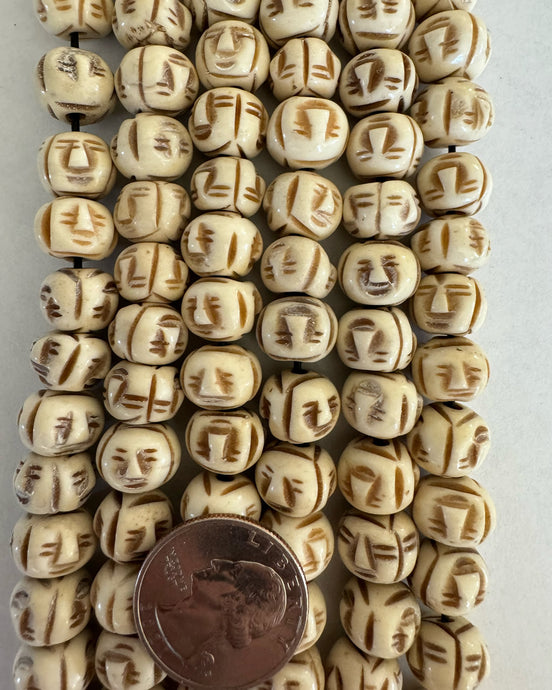 Buffalo Bone, carved faces, 14x12mm rondelle mixed size, 10