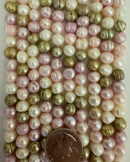 Freshwater Pearl, white green dark pink, 9x8mm lined potato, 15