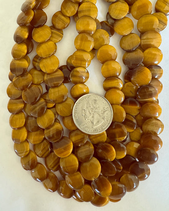 tiger eye, 12x12x4mm lentil overlapping puff coin, 15