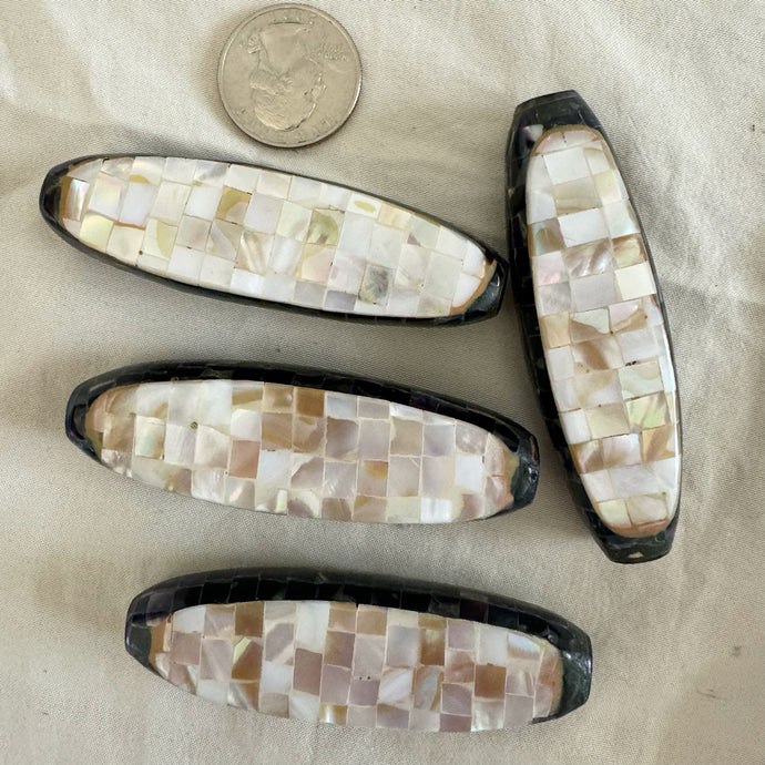 Mother of pearl oyster mosaic shell beads, 73x22x16mm puff oval size mix, sold per bead