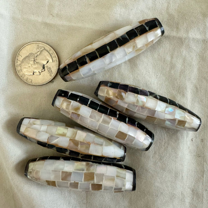 Mother of pearl oyster mosaic shell beads, 58x16mm bowed tube size mix, sold per bead