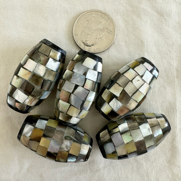 Mother of pearl mosaic shell beads, 37x21x7mm puff oval size mix, sold per bead