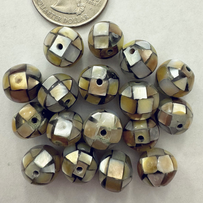 Mother of pearl mosaic shell beads, 10-12mm roundel size mix, sold per bead