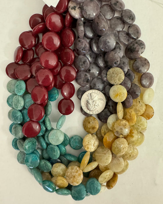 Ruby jade, peruvian chrysocolla, yellow opal, purple kiwi quartz gemstone mix, 14-16mm puff coin mix, 15