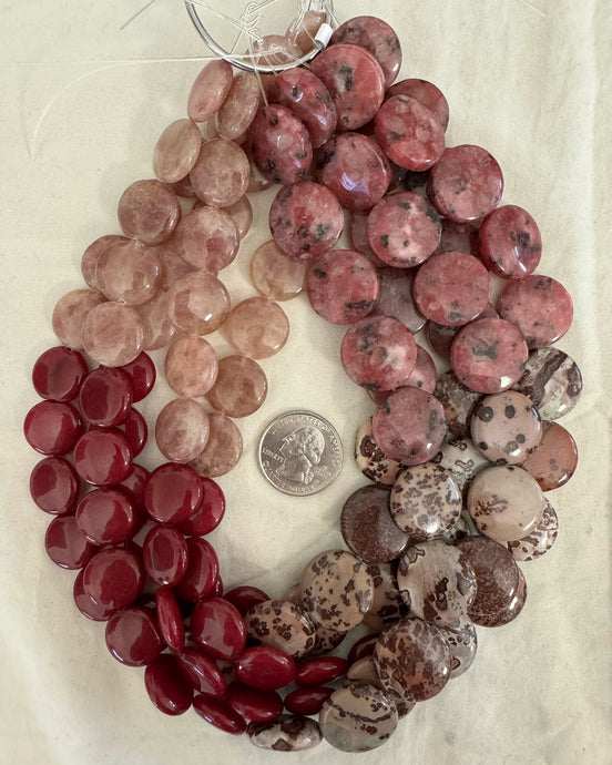 Ruby Quartz Ruby Jade Red Artistic Jasper Pink Kiwi Quartz gemstone mix, 17-20mm puff coin mix, 15