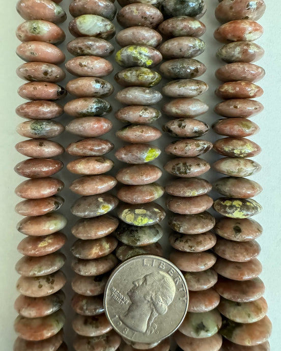 Pink Green Rhodonite, 15x5mm rondelle, 15