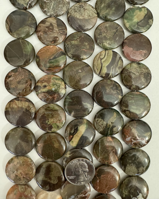 Rainforest Jasper, 25x25x7mm puff coin, 15