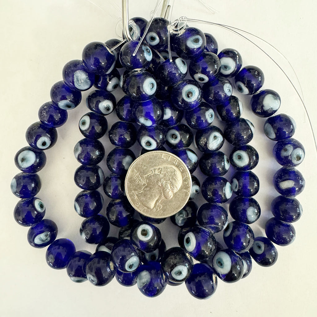 evil eye motif glass, blue white black, 12x10mm rondelle, 21 piece strand, sold per strand