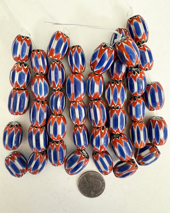 chevron motif glass, red white blue black, 20x14mm mixed size barrel, 4 strand closeout lot