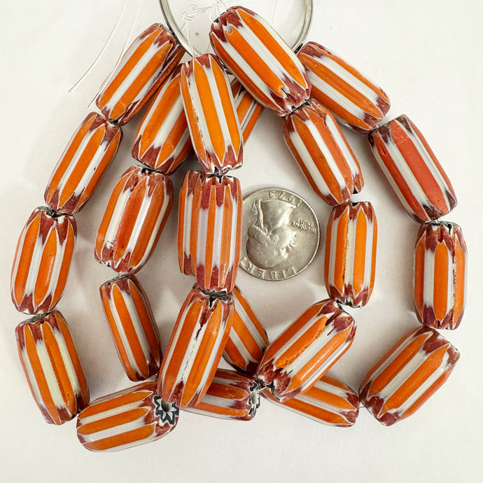 vintage chevron motif glass, white orange red black, 25-26mm tube mix, 8 piece strand, sold per strand