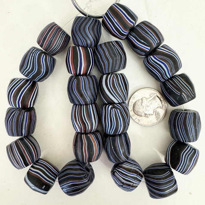 vintage look glass, matte finish, black brown blue and white, vertical stripe motif, 17mm barrel mix,  sold per 12pc strand