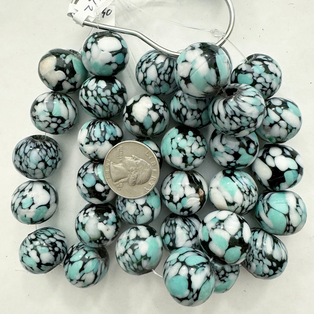 spotted motif glass, pale light turquoise white black, 20x19mm rondelle, 11 piece strand, sold per strand