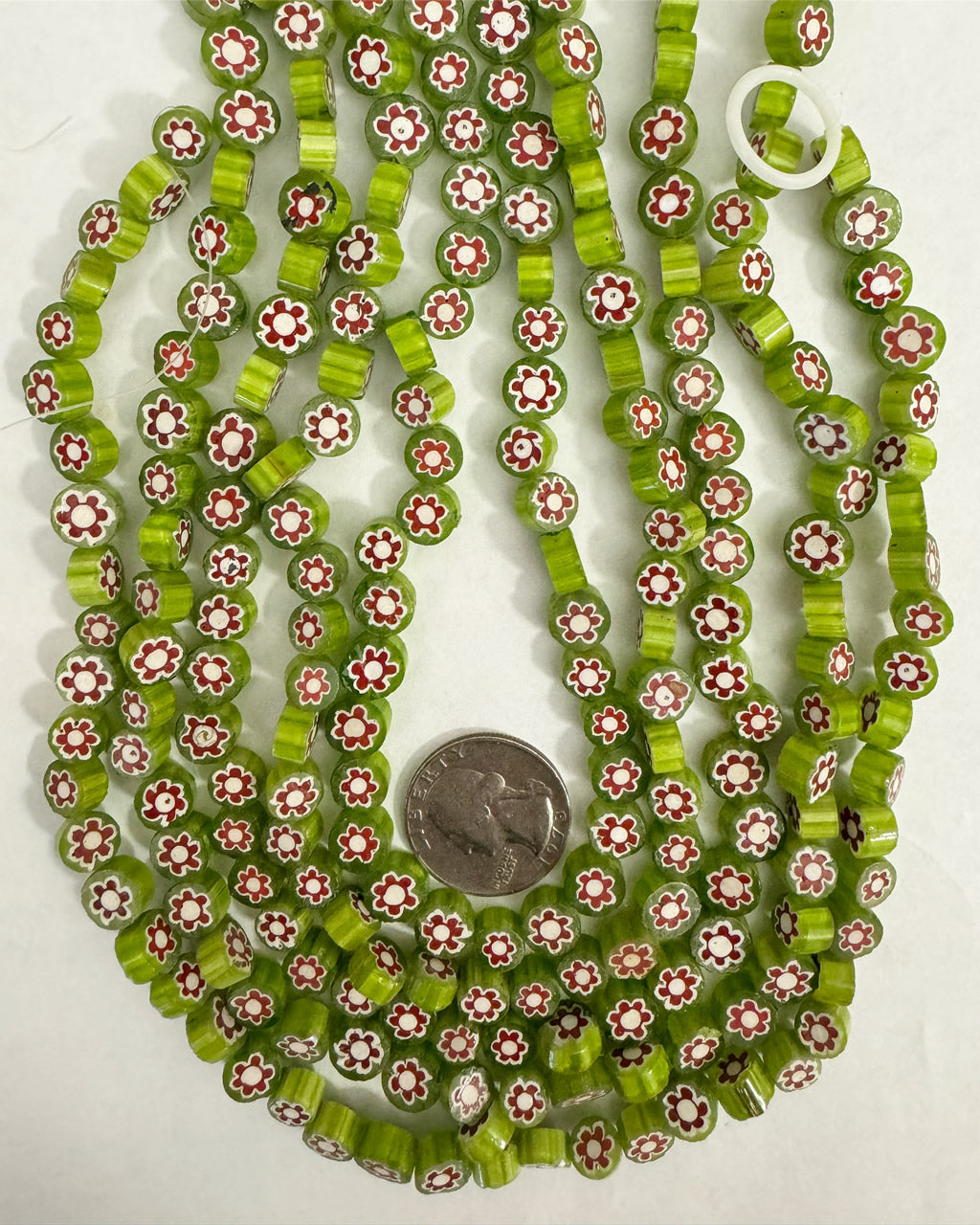 floral motif glass, lime green red white, 7-9mm coin mix, 15