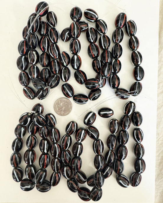 stripes motif glass, black white red orange, 19x14mm bowed tube, 10 strand closeout lot