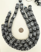 dot crossing lines motif glass, matte black white, 21x15mm tube size mix,  15" strand, sold per strand  (NEW CLEARANCE PRICE)