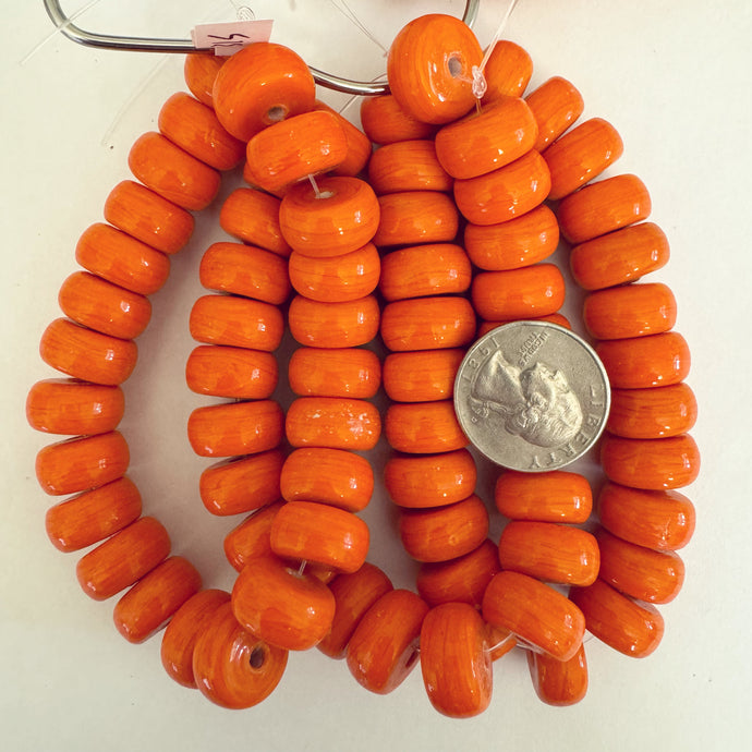 glass, orange, 15x8mm rondelle, 24 piece strand, sold per strand