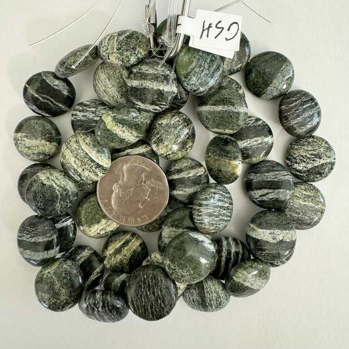 green zebra jasper, 17x17x7mm puff coin, 13 piece strand, sold per strand