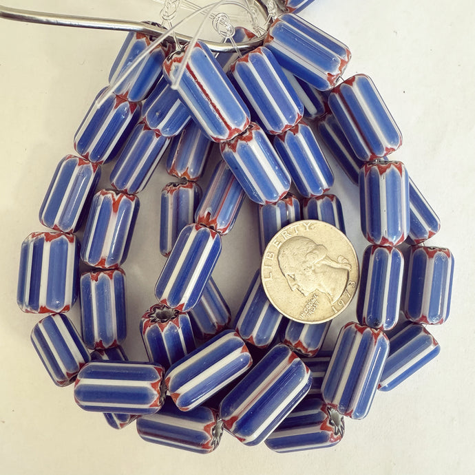 vintage chevron motif glass, red white blue black, 15-22mm tube mix, 11 piece strand, sold per strand