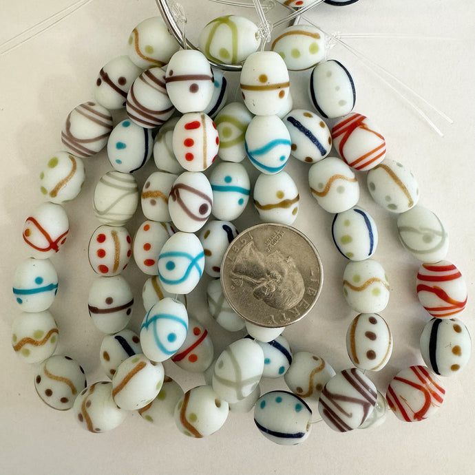 dots lines motif glass, matte white multi color, 14x11mm barrel, 16 piece strand, sold per strand