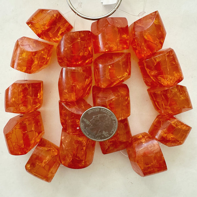 vintage look crackle faux amber resin, translucent red orange 24x22mm nugget, 9pc strand, sold per strand