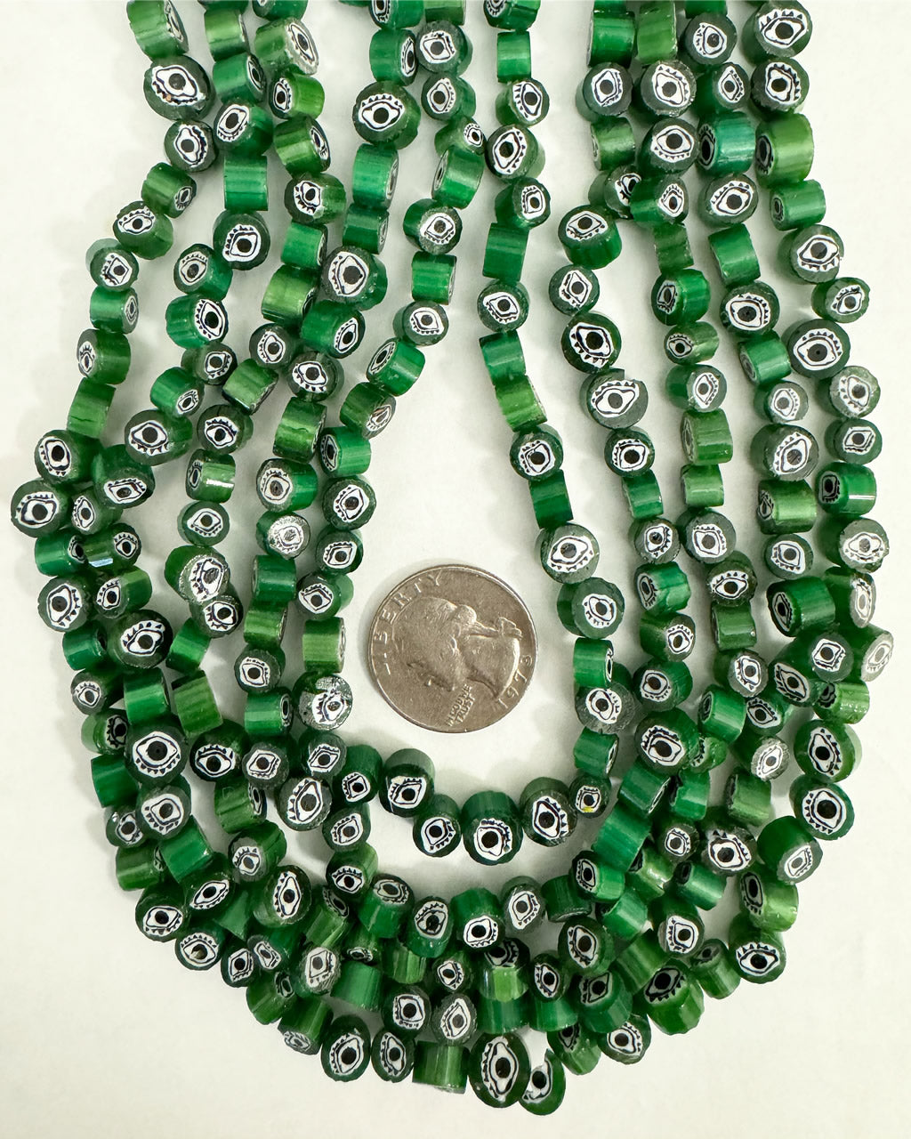 eye motif glass, green black white, 7-9mm coin mix, 15