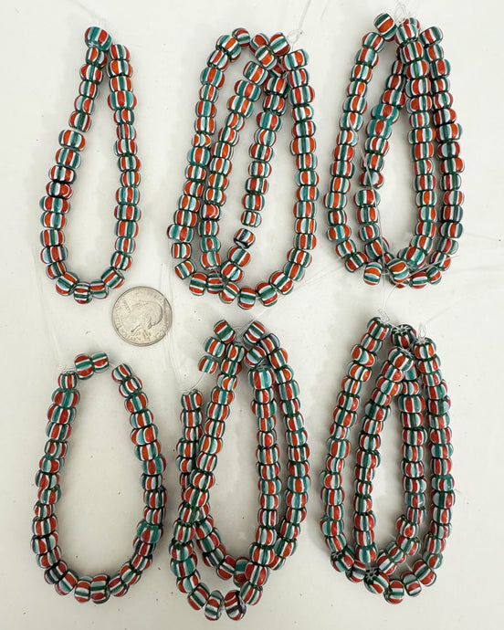 chevron motif glass, teal blue pale red white, 9x6mm rondelle size mix, 10 strand closeout lot