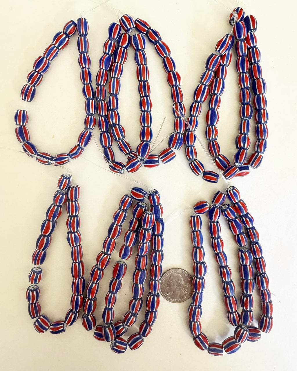 chevron motif glass, red white blue, 10x9mm barrel size mix, 10 strand closeout lot