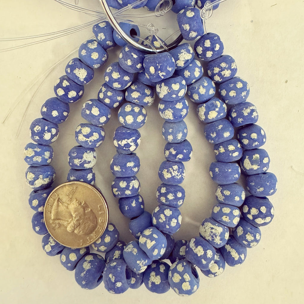 spotted motif glass, matte periwinkle blue white, 12x8mm rondelle, 25 piece strand, sold per strand