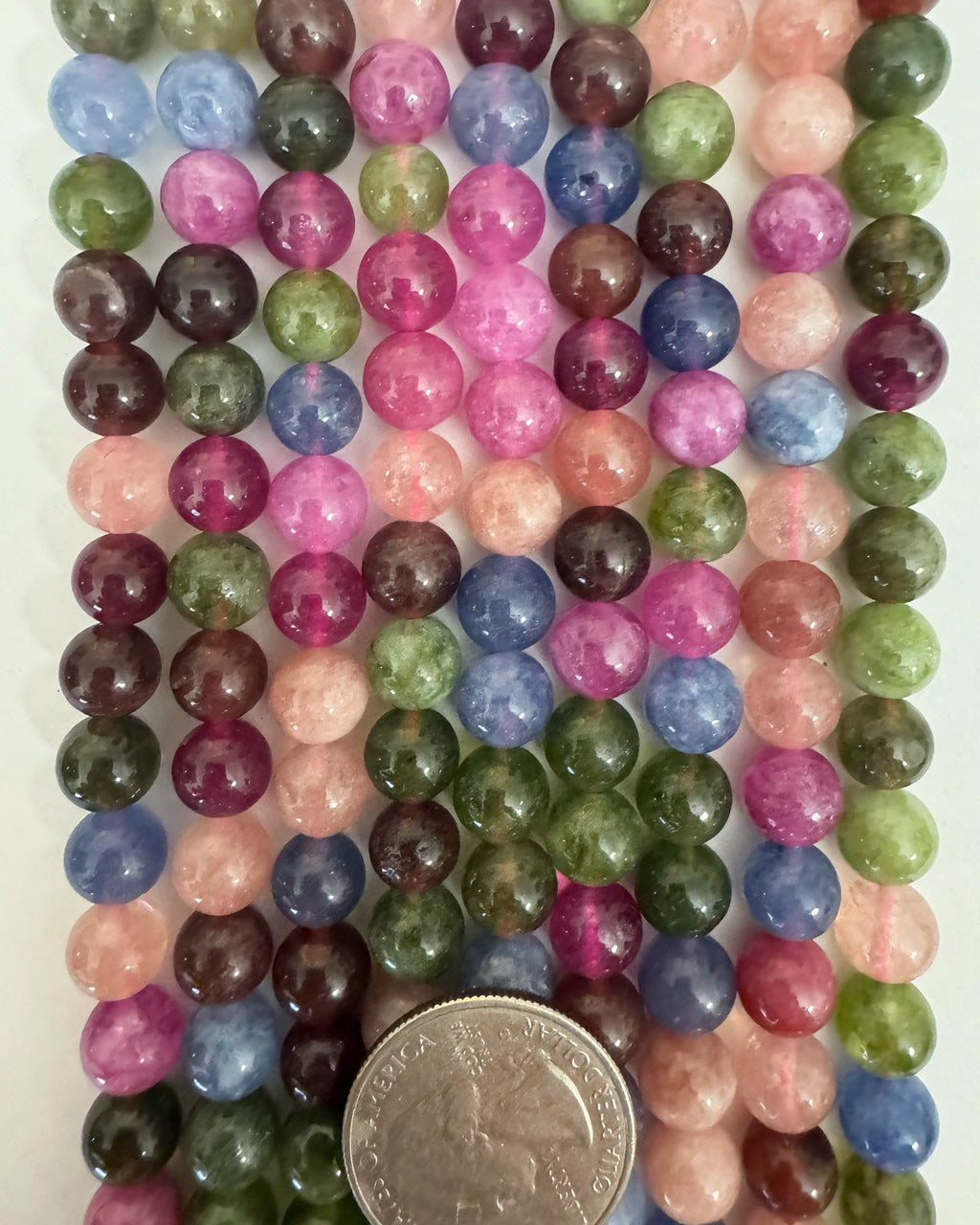 color enhanced pink blue green fall tone mix quartz, 8mm round, 15