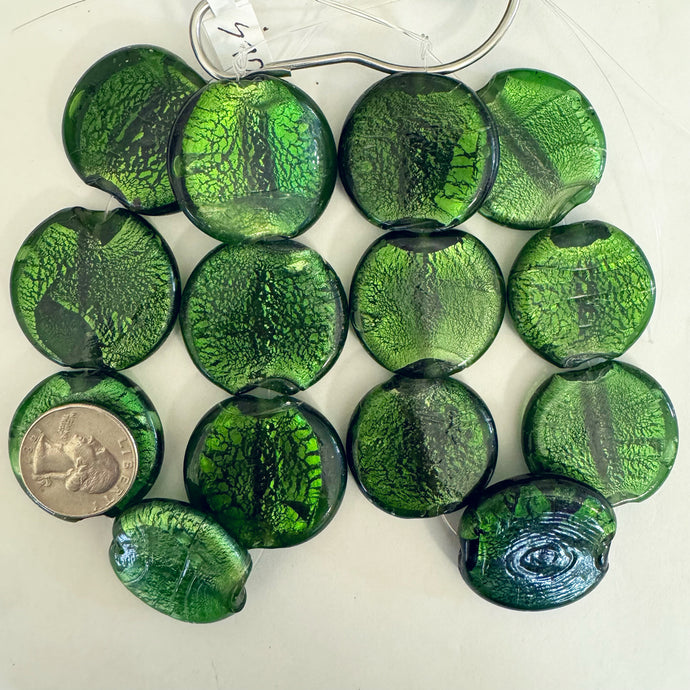 metallic foil inside lined glass, green, 35x32x9mm puff coin, 7 piece strand, sold per strand