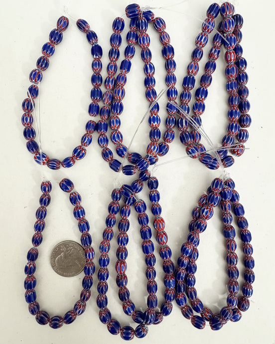 chevron motif glass, red white blue, 9x8mm mixed size barrel, 10 strand closeout lot