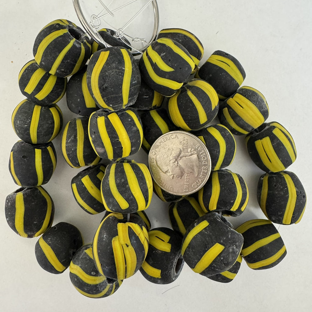 stripe motif glass, matte finish yellow black, 18mm barrel size mix, 11 piece strand, sold per strand