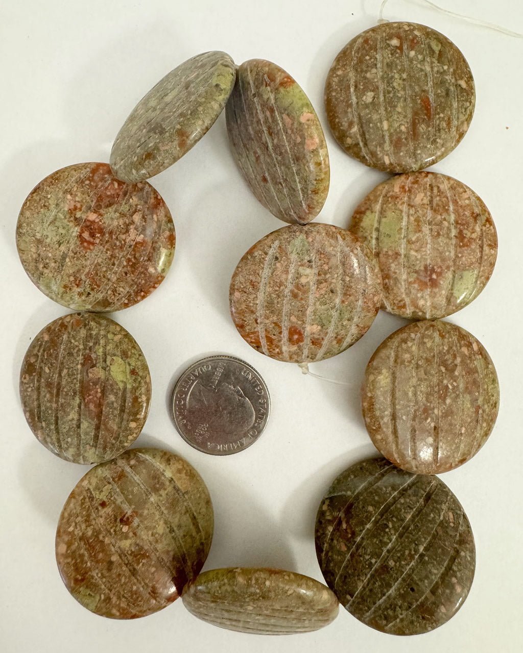 natural apple jasper, 35x35x7mm lantern cut puff coin, 15