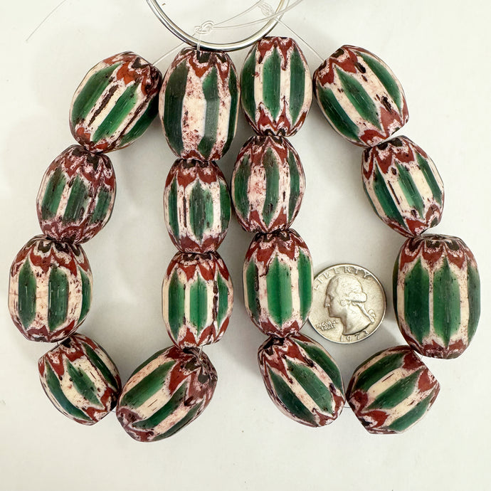 vintage chevron motif glass, green white red black, 22-31mm barrel mix, 8 piece strand, sold per strand