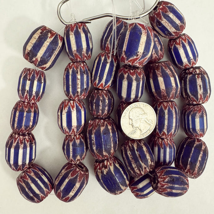 vintage chevron motif glass, blue white red black, 18-26mm barrel mix, 10 piece strand, sold per strand