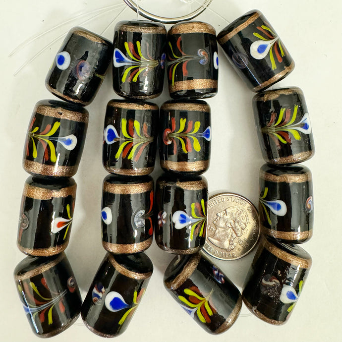 floral motif glass, blue white red yellow metallic copper black, 24x18mm barrel, 8pc strand, sold per strand