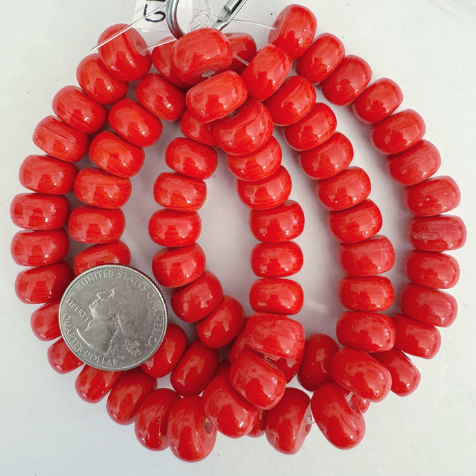 swirl motif glass, pale bright red, 13x8mm rondelle, 25 piece strand, sold per strand