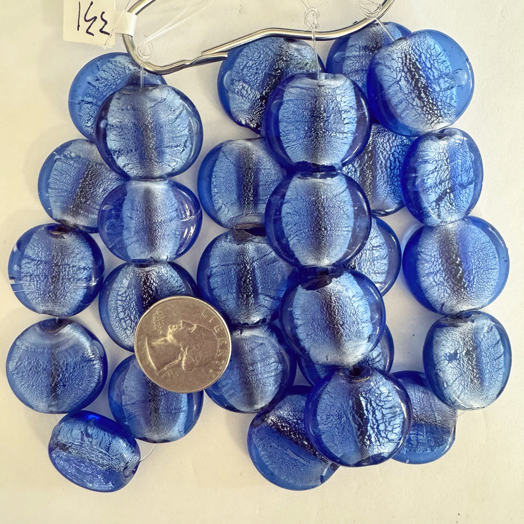 metallic foil inside lined glass, periwinkle blue, 25x23x7mm puff coin, 9 piece strand, sold per strand