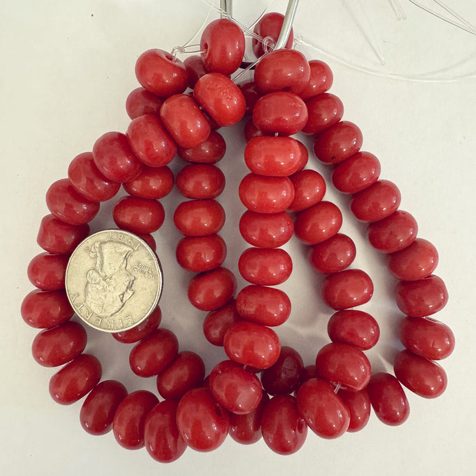 glass, red, 13x9mm rondelle, 24 piece strand, sold per strand