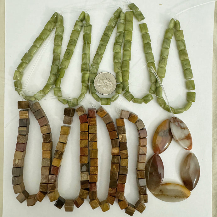 oregon agate, china green jade, red wooden jasper, 8-39mm shape mix, half strands, 10 strand lot