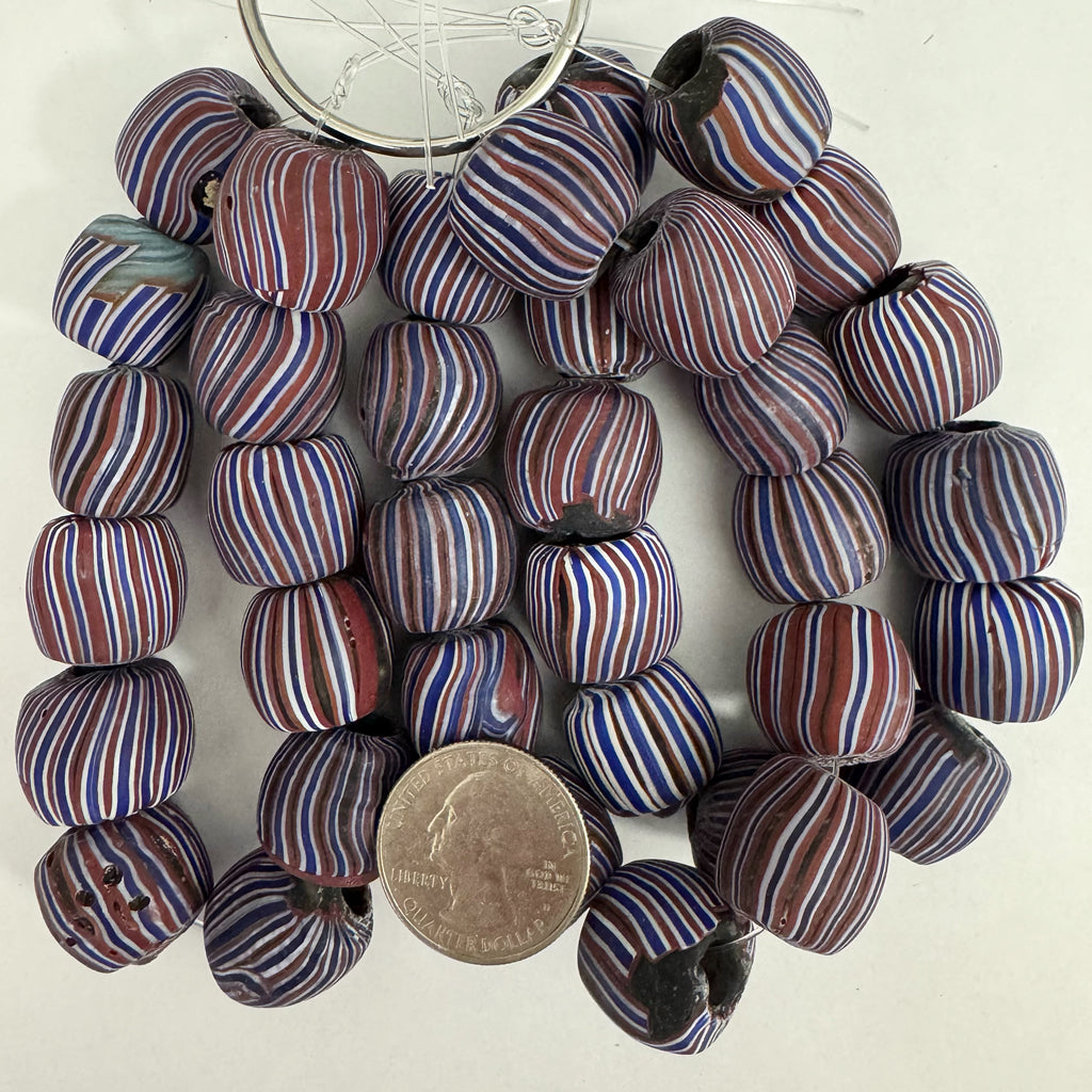 stripe motif glass, matte finish red white blue black, 18mm barrel size mix, 12 piece strand, sold per strand