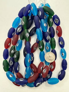 evil eye motif glass, multi color mix, matte finish, 26x13mm bowed tube, sold per 15" strand