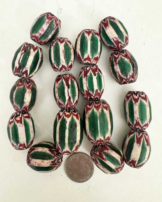 vintage chevron motif glass, green white red black, 22-31mm barrel mix, 2 strand closeout lot