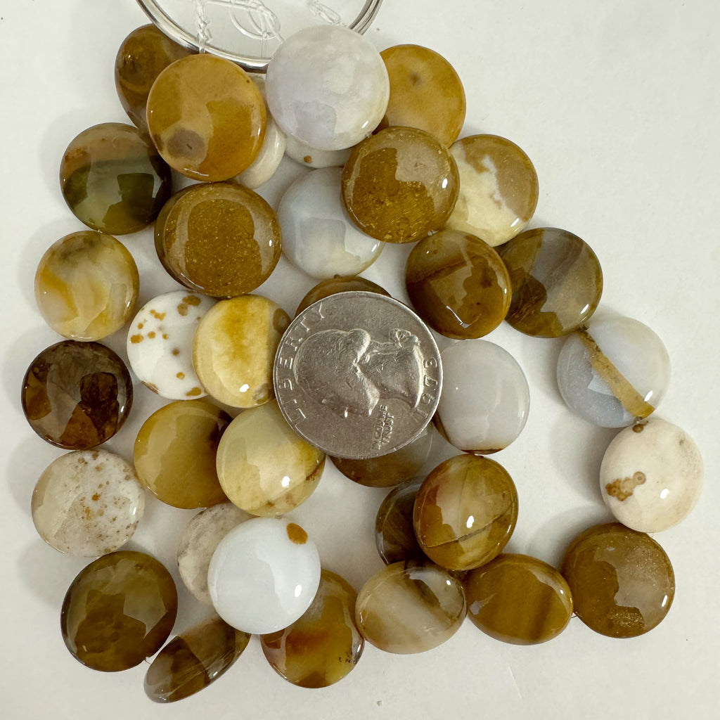 natural polka dot agate, 16x16x6mm puff coin, 12pc strands, sold per strand