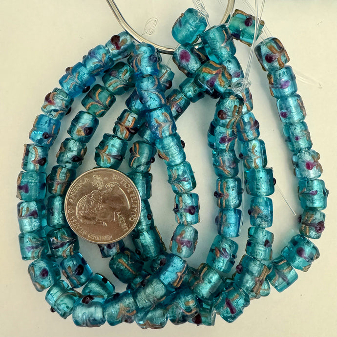 floral motif metallic inside lined glass, blue copper pearl, 10x8mm barrel mix, 22 piece strand, sold per strand