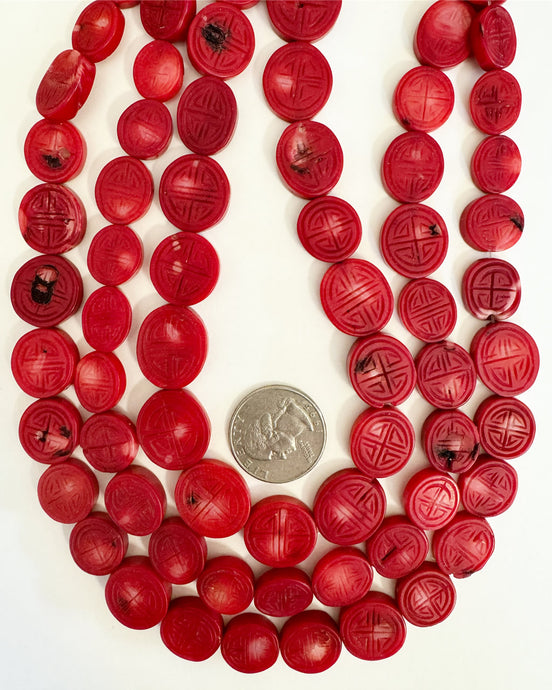 color enhanced ox blood coral, hand carved chinese symbol, 14-20mm mixed size oval, 15