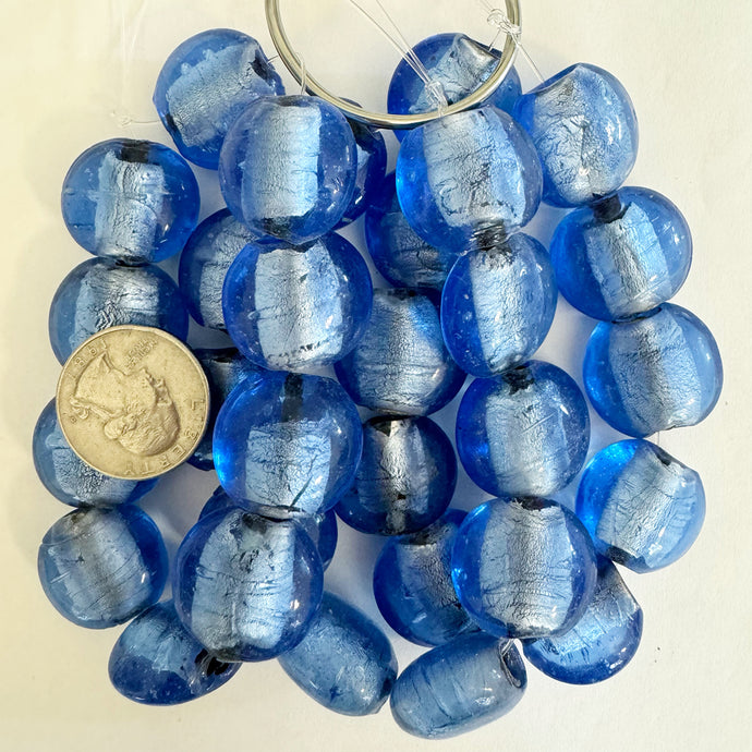 metallic foil inside lined glass, periwinkle blue, 22x21x13mm puff coin, 10 piece strand, sold per strand