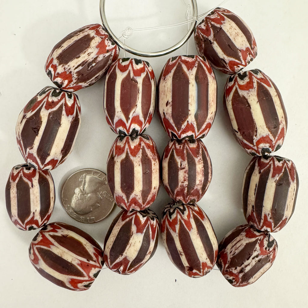 vintage chevron motif glass, dark red white red black, 23-33mm barrel mix, 7 piece strand, sold per strand